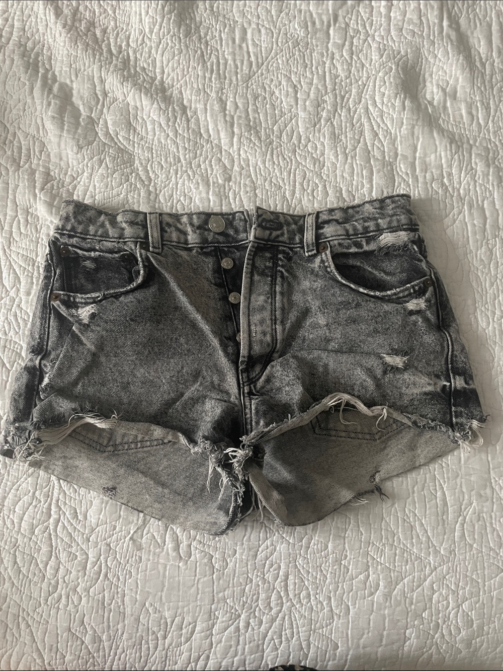 Zara Washed Black Distressed High-Rise Denim Shorts
